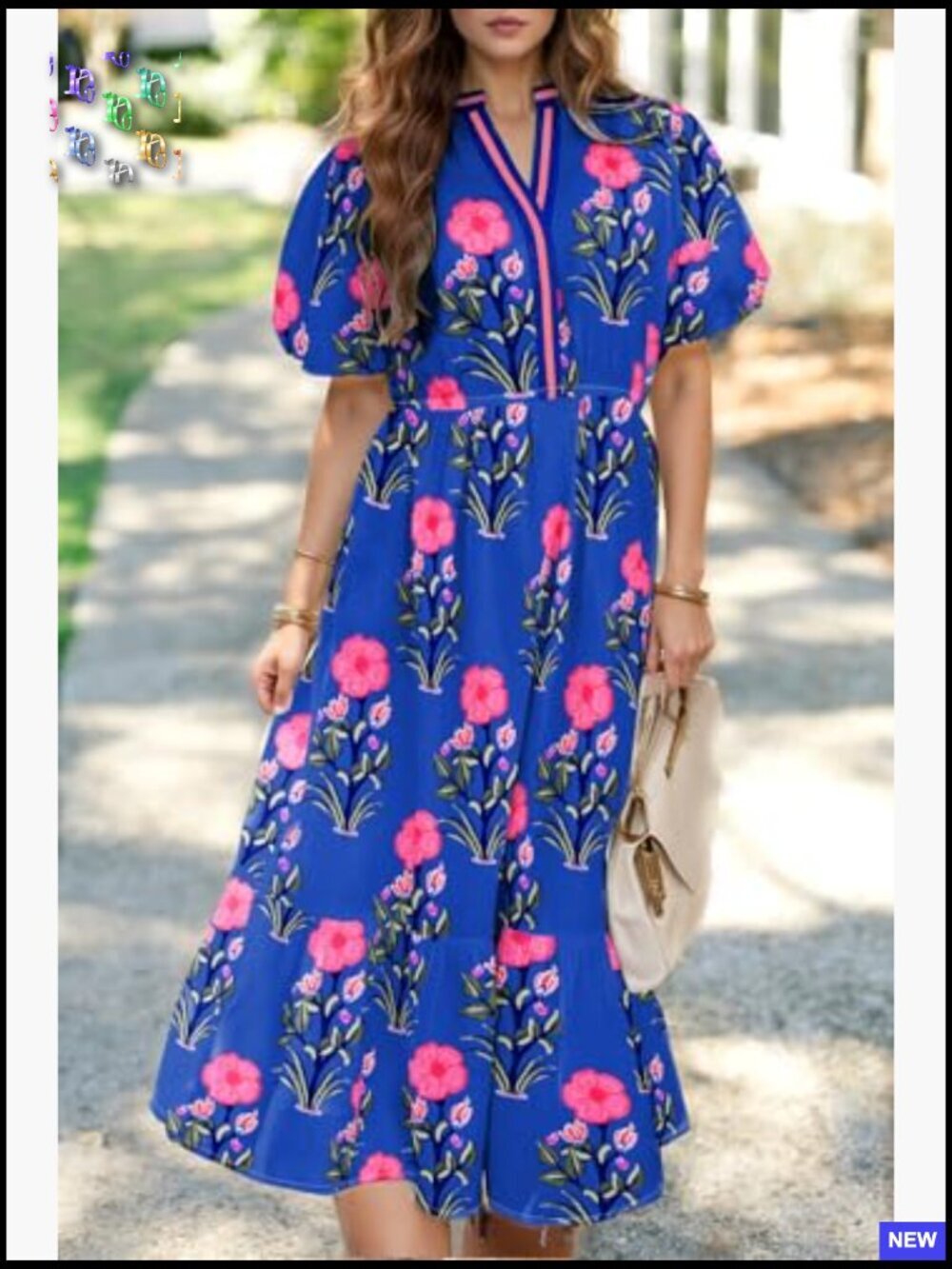 Puff Sleeve V Neck Maxi Dress Flowy High Waist Elegant Summer Casual Chic - Picture 2 of 5
